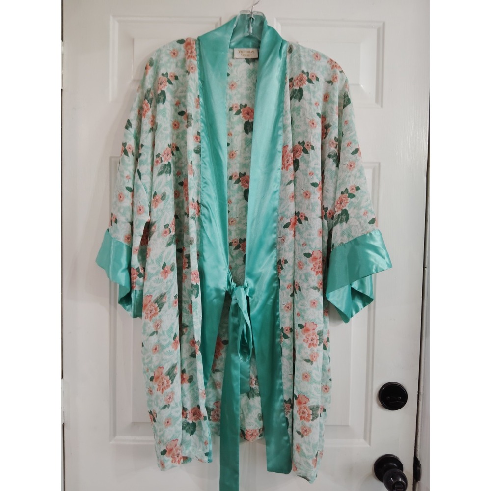 Victoria's Secret Vintage Gold Label Satin Effect Floral Robe Kimono Tie Belt